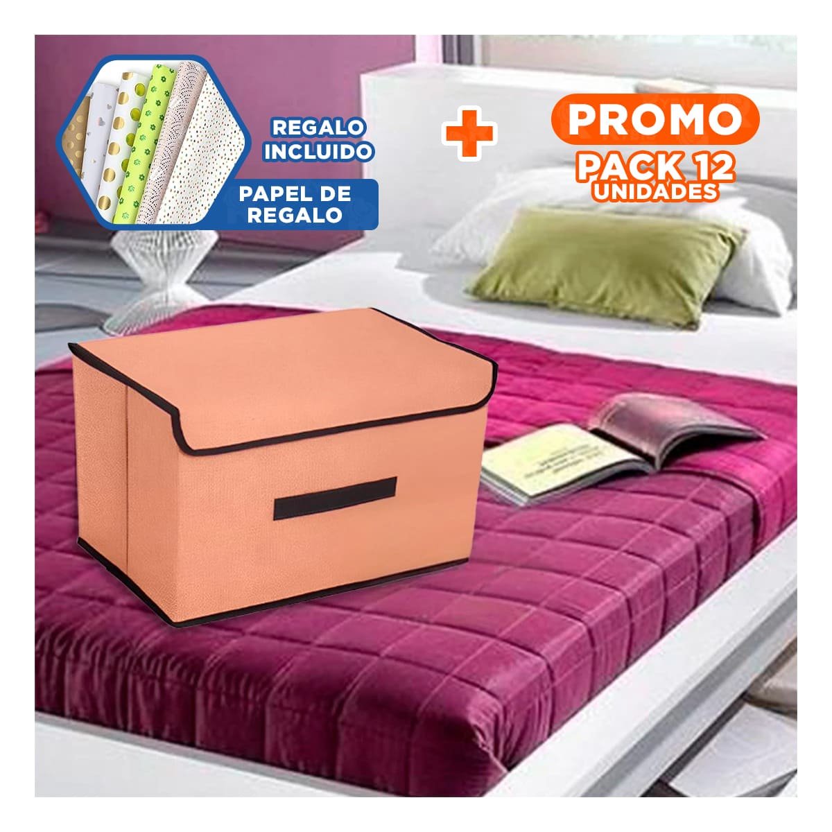 PACK12 CAJA MULTIUSO DE TELA 36X24X23CM MOSTAZA CON BORDE MARRON PARA ROPA Y+PAPEL REGALO - 1