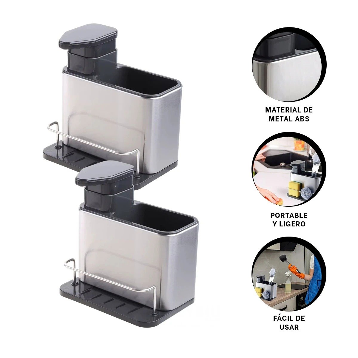 EXPENDEDOR DE JABON LIQUIDO 3 EN 1 CON ESPACIOS PARA ESPONJAS PLATEADO - 3