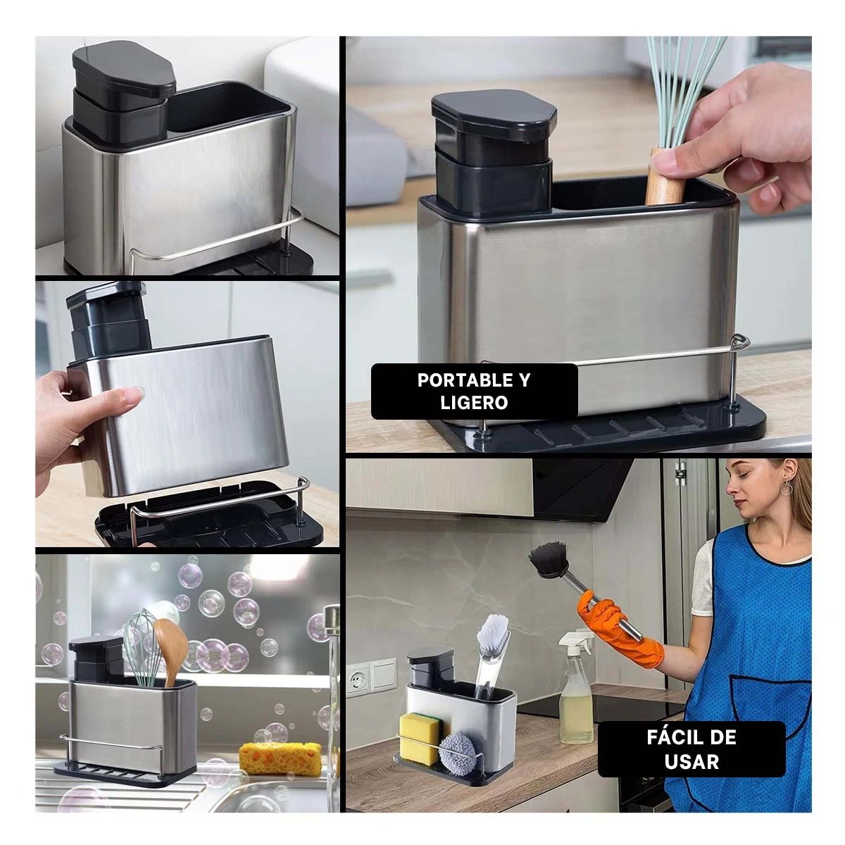 EXPENDEDOR DE JABON LIQUIDO 3 EN 1 CON ESPACIOS PARA ESPONJAS PLATEADO - 5