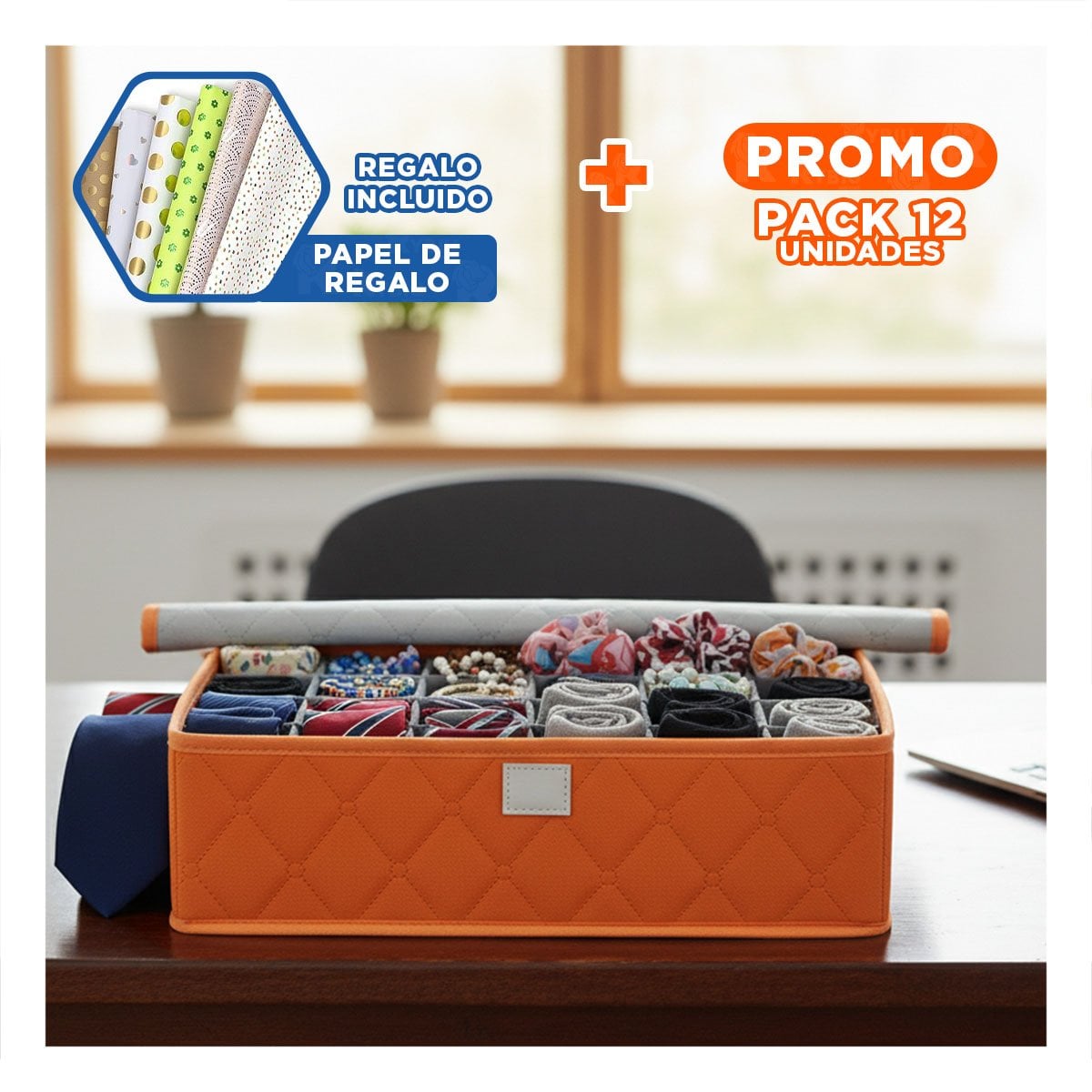 PACK12 ESTUCHE TEXTIL PARA ROPA INTERIOR 24 DIVISIONES NARANJA HOGAR EXTRA Y+PAPEL REGALO - 1