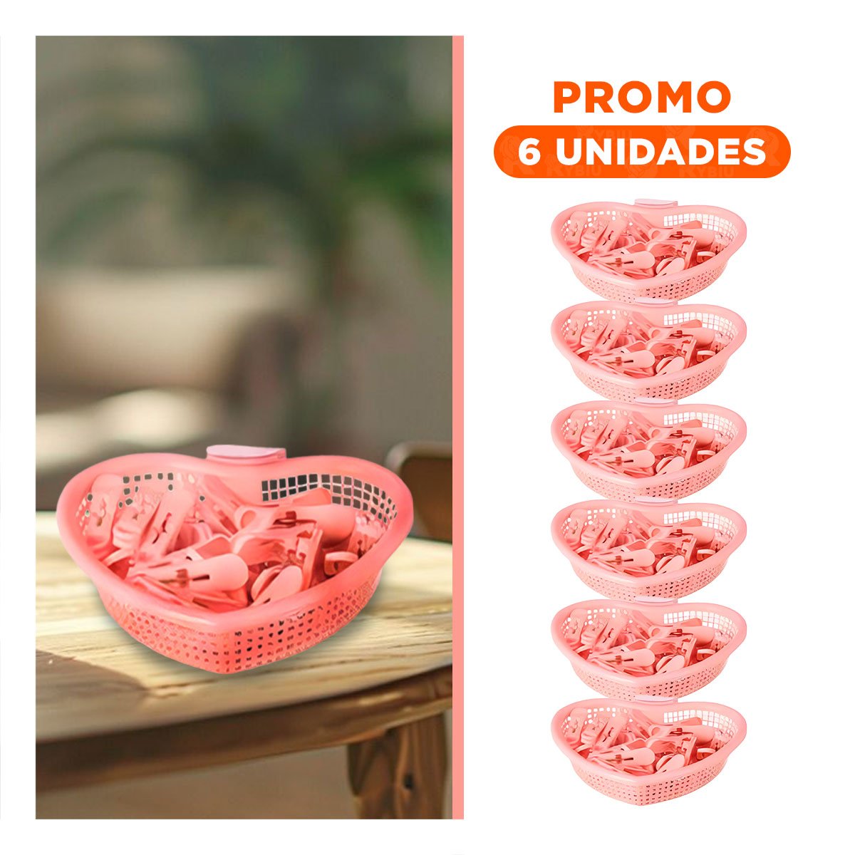 PACK6 CANASTA RESISTENTE ROSADO CLARO EN FORMA DE CORAZON PARA GANCHOS DE ROPA - 1