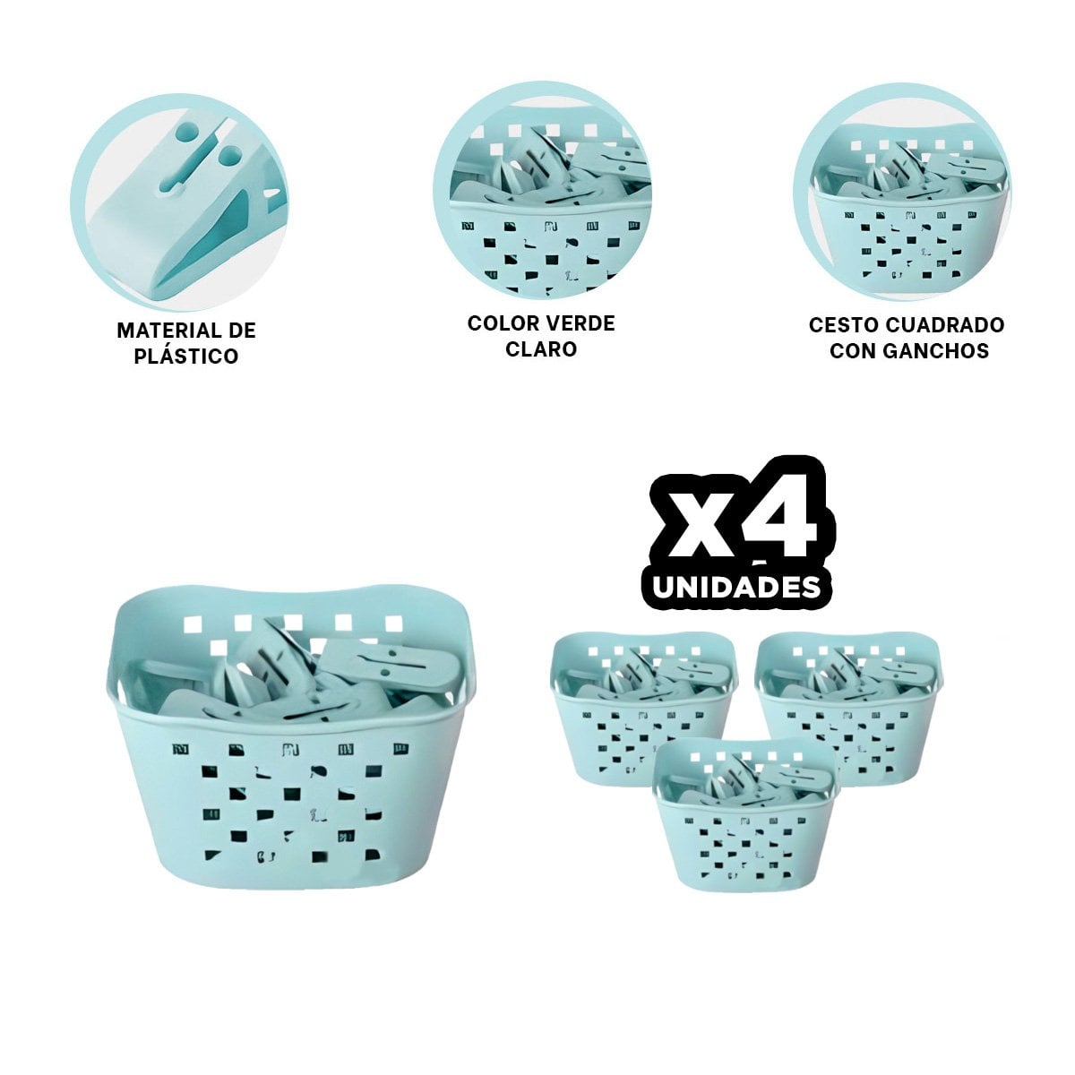 PACK4 CONTENEDOR PRACTICO CUADRADO CON GANCHOS PARA ROPA VERDE CLARO Y+PAPEL REGALO - 1