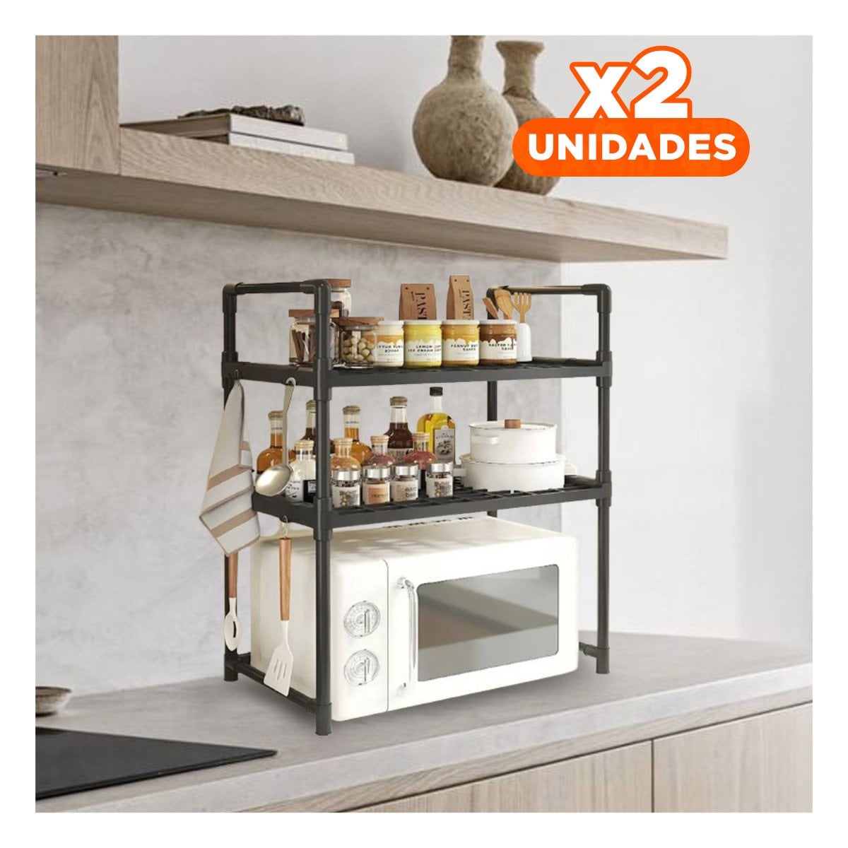 PACK2 REPISA ACERO ORGANIZADOR MICROONDAS 2 NIVELES CON ASAS NEGRO FIRME Y+REGALO STICKER - 1