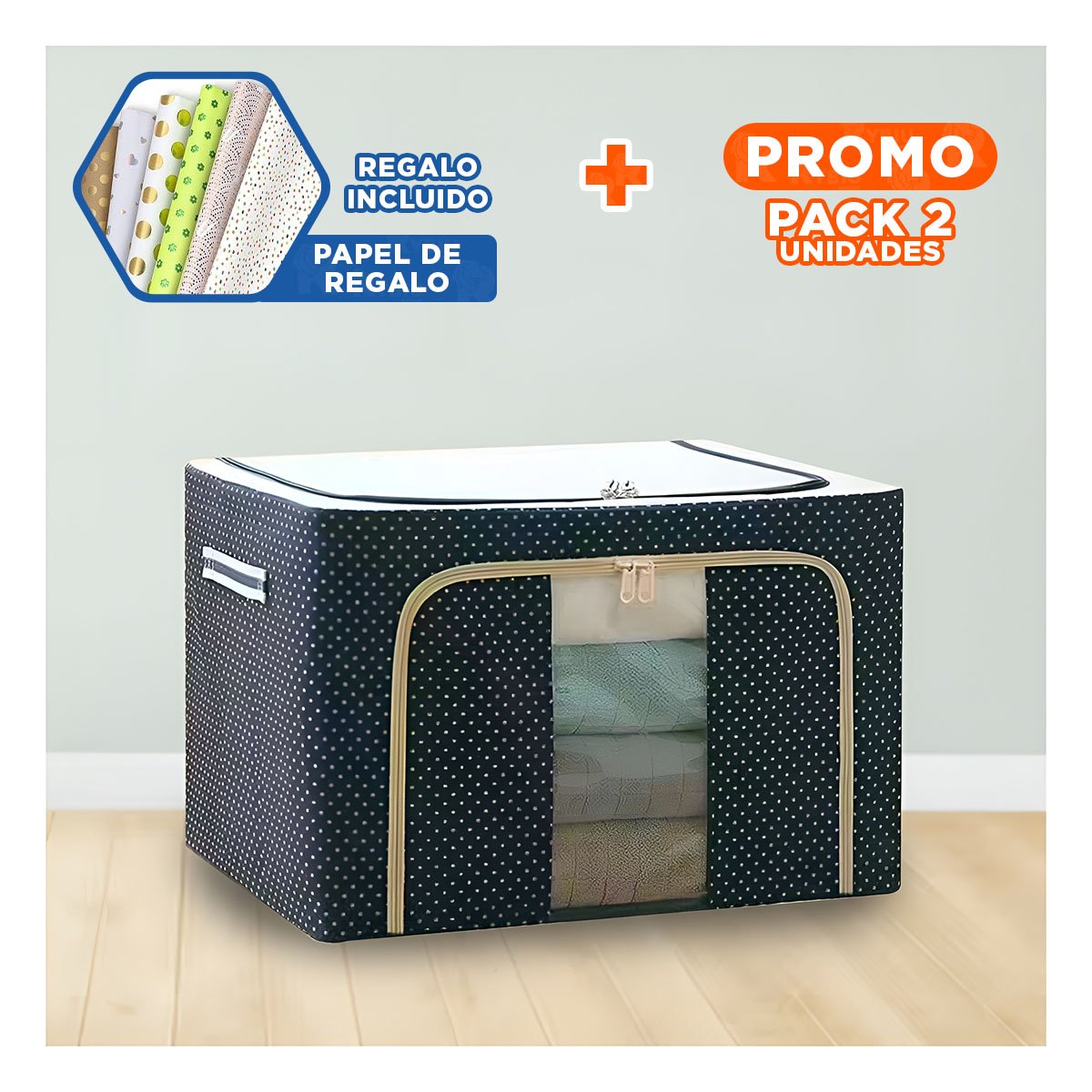 PACK2 CONTENEDOR DOMESTICO PLEGABLE PARA GUARDADO DE OBJETOS PERSONALES Y+PAPEL REGALO - 1