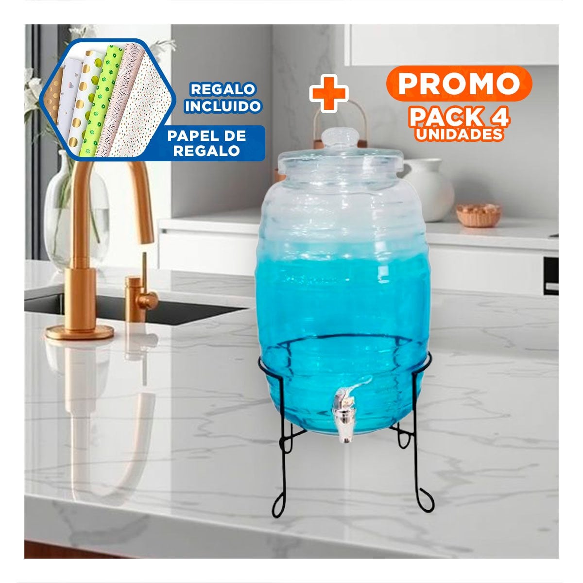 PACK4 EQUIPO DE BEBIDAS 10L CON BASE METALICA Y TAPA CHUPON TRANSPARENTE CELESTE YPAPEL REGALO - 1