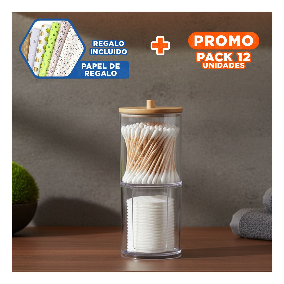 PACK12 PORTA HISOPOS DOBLE DE ACRILICO CON TAPA DE MADERA TRANSPARENTE USO HOGAR Y+PAPEL REGALO - 1