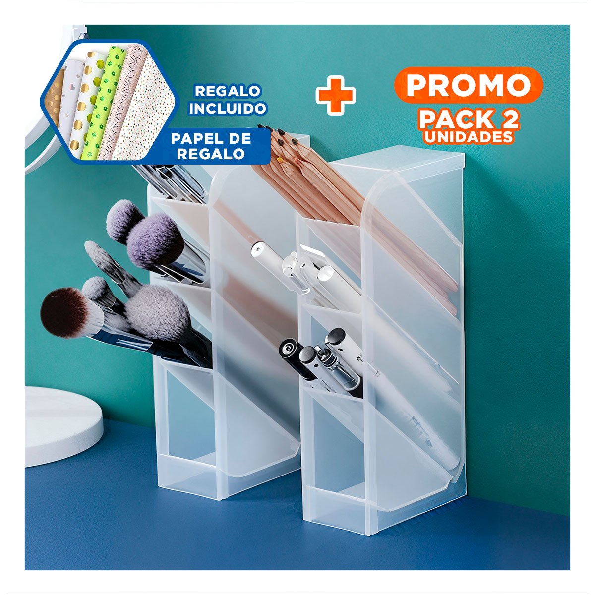 PACK2 ORGANIZADOR DE USO DIARIO SOBRE MESA EN BLANCO TRANSPARENTE Y+PAPEL REGALO - 1