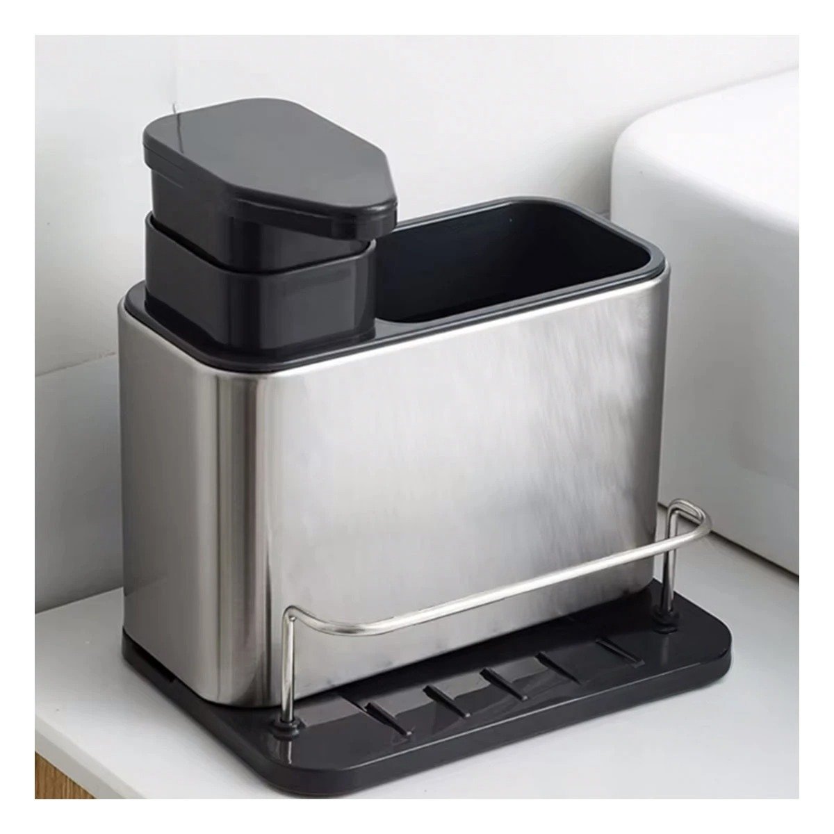 DESPACHADOR DE JABON LIQUIDO 3 EN 1 CON ESPACIOS PLATEADO Y+LIGAS REGALO - 2