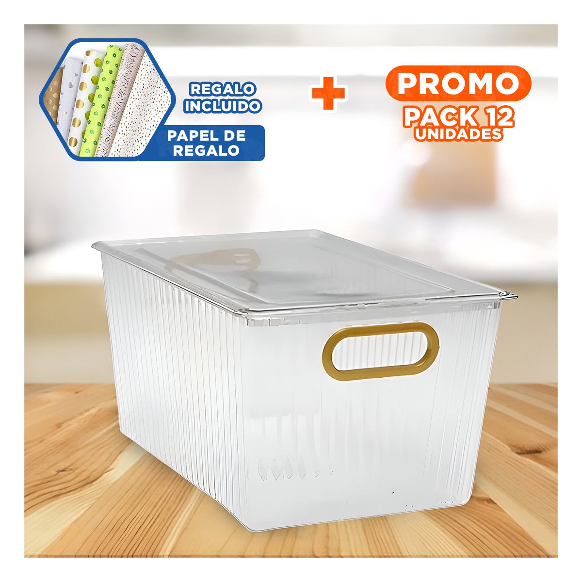 PACK12 MESA ORGANIZADORA DE ACRILICO RECTANGULAR CON TAPA Y ASAS DORADAS Y+PAPEL REGALO - 1