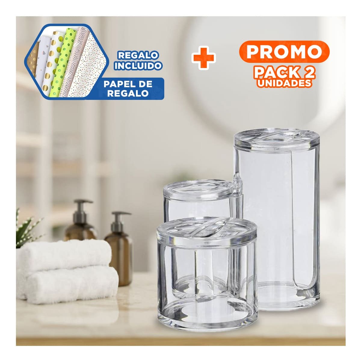 PACK2 MODULO TUBULAR ACRILICO CON 3 ESPACIOS Y TAPA PARA ORDEN TRANSPARENTE Y+PAPEL REGALO - 1