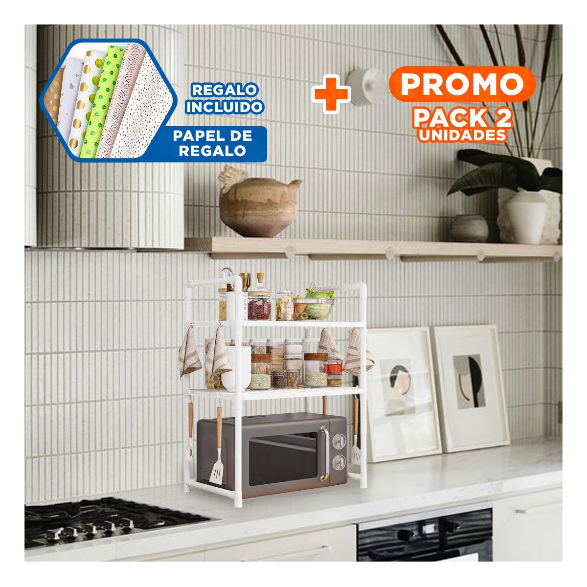 PACK2 MUEBLE PARA ORGANIZAR MICROONDAS DE 2 NIVELES CON ASAS BLANCO PARA HOGAR YPAPEL REGALO - 1