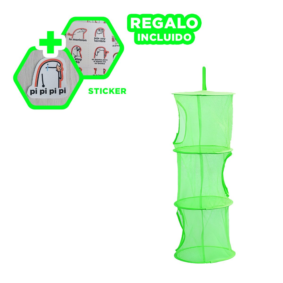 MALLA ORGANIZADORA COLGANTE 3 NIVELES VERDE RESISTENTE USO DIARIO YREGALO STICKER - 1