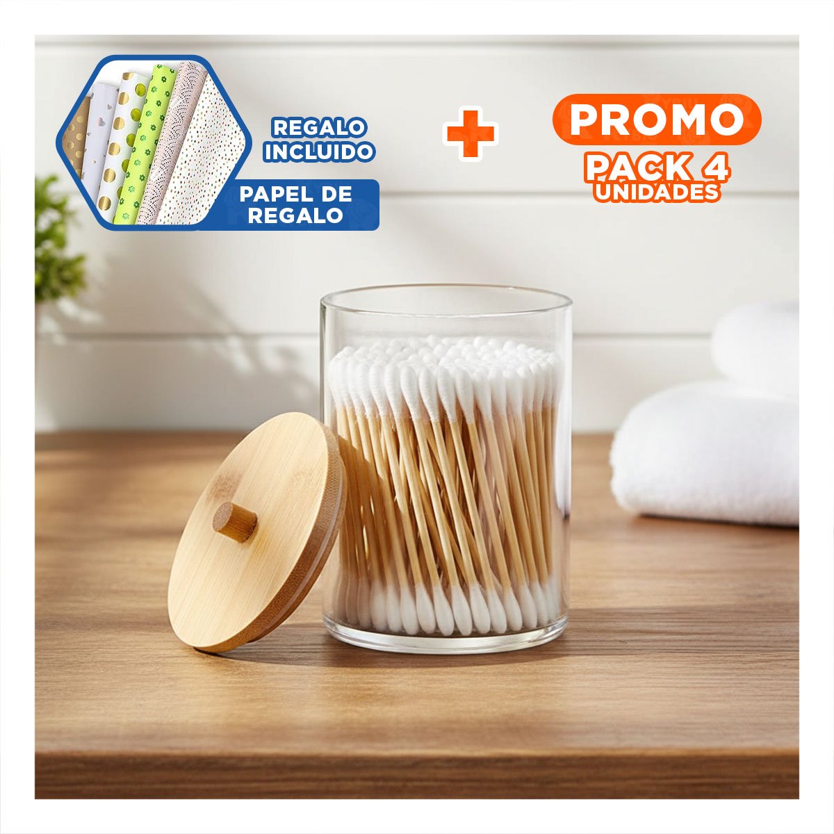 PACK4 DEPOSITO ACRILICO CON TAPA DE MADERA 7X11CM TRANSPARENTE MULTIUSO PLUS Y+PAPEL REGALO - 1