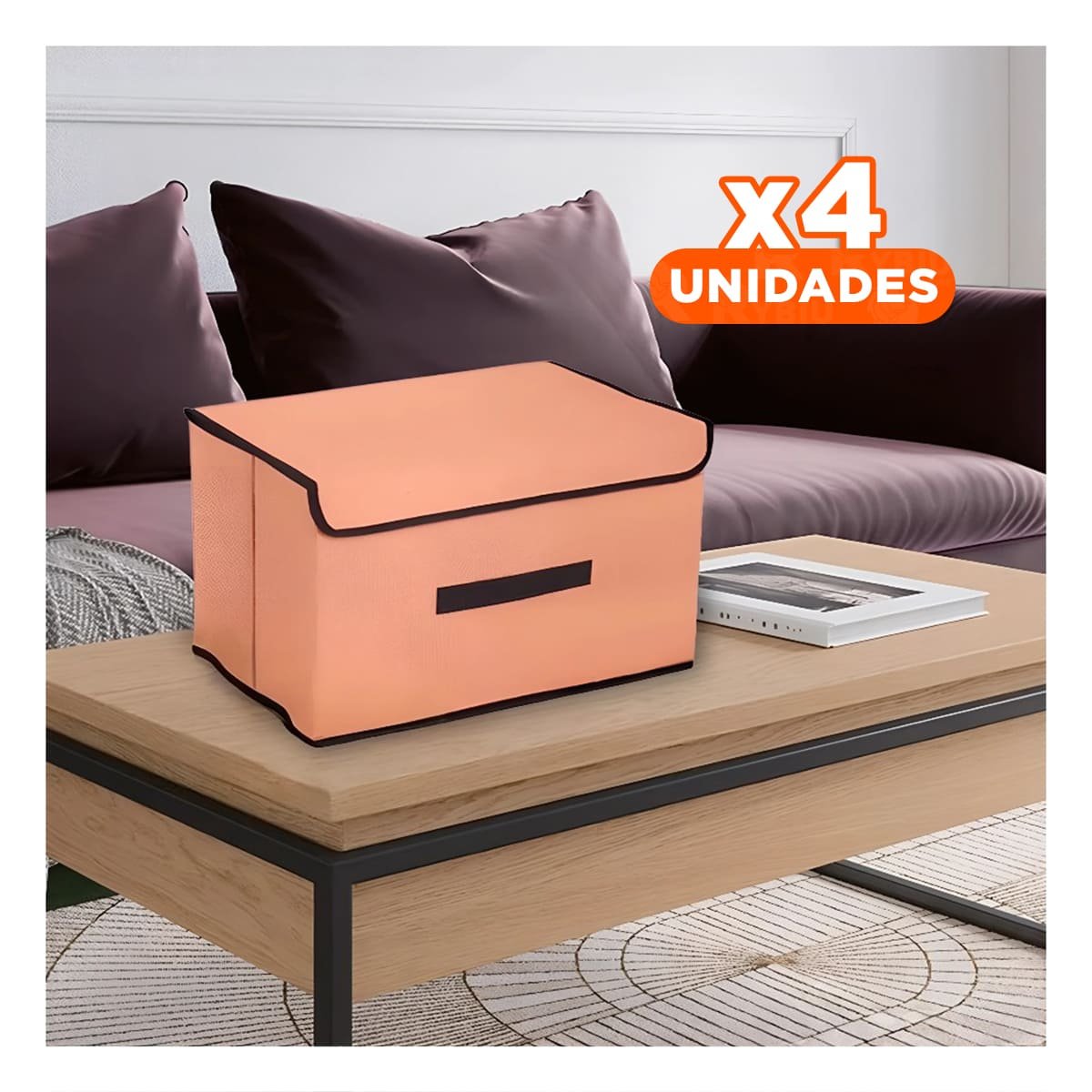 PACK4 CANASTA ORGANIZADORA DE TELA 25X19X16CM MOSTAZA CON BORDE MARRON PARA CASA - 1