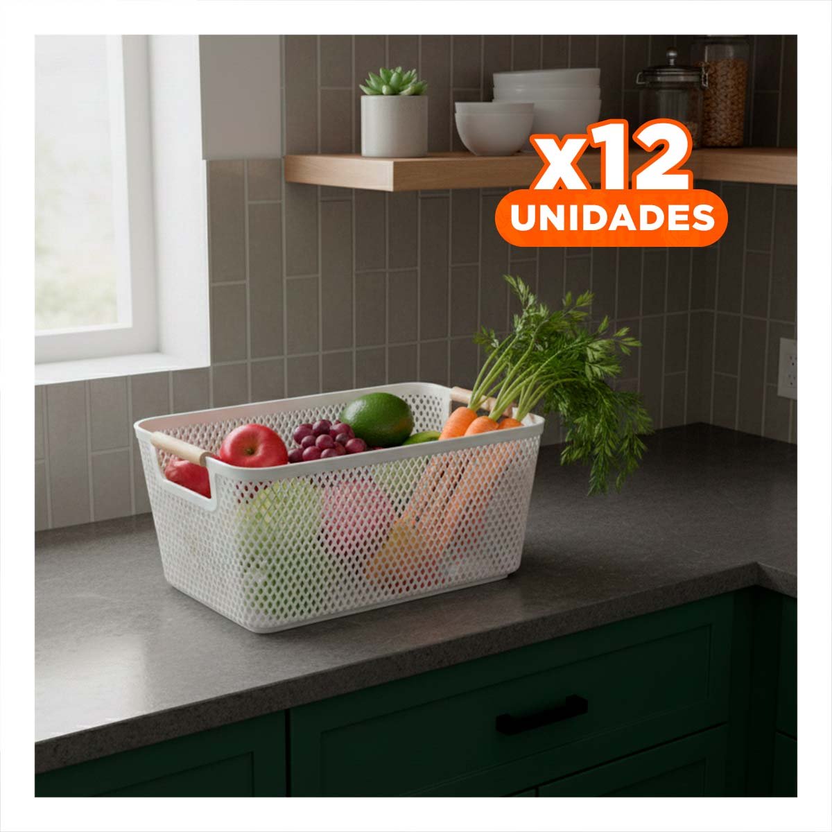 PACK12 ORGANIZADOR ELEGANTE MALLA CON ASAS DE MADERA PLOMO CLARO RECTANGULAR PARA SALA ORDENADA - 1
