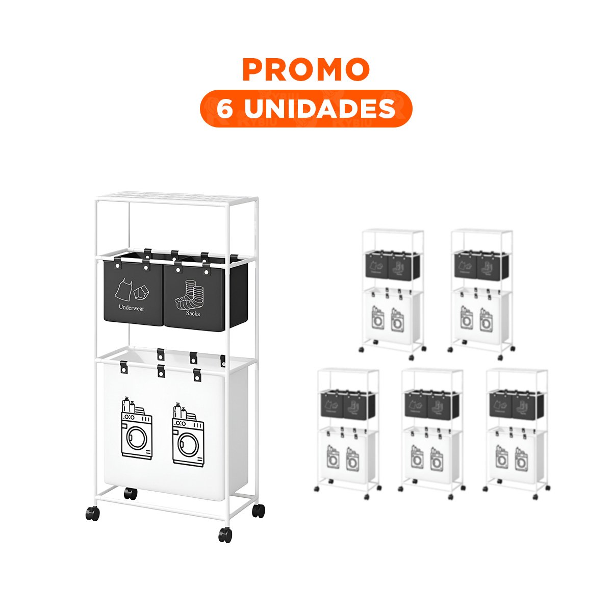 PACK6 SOPORTE ROPA SUCIA 3 NIVELES DISENO FUNCIONAL CON 3 CESTOS NEGRO BLANCO - 1