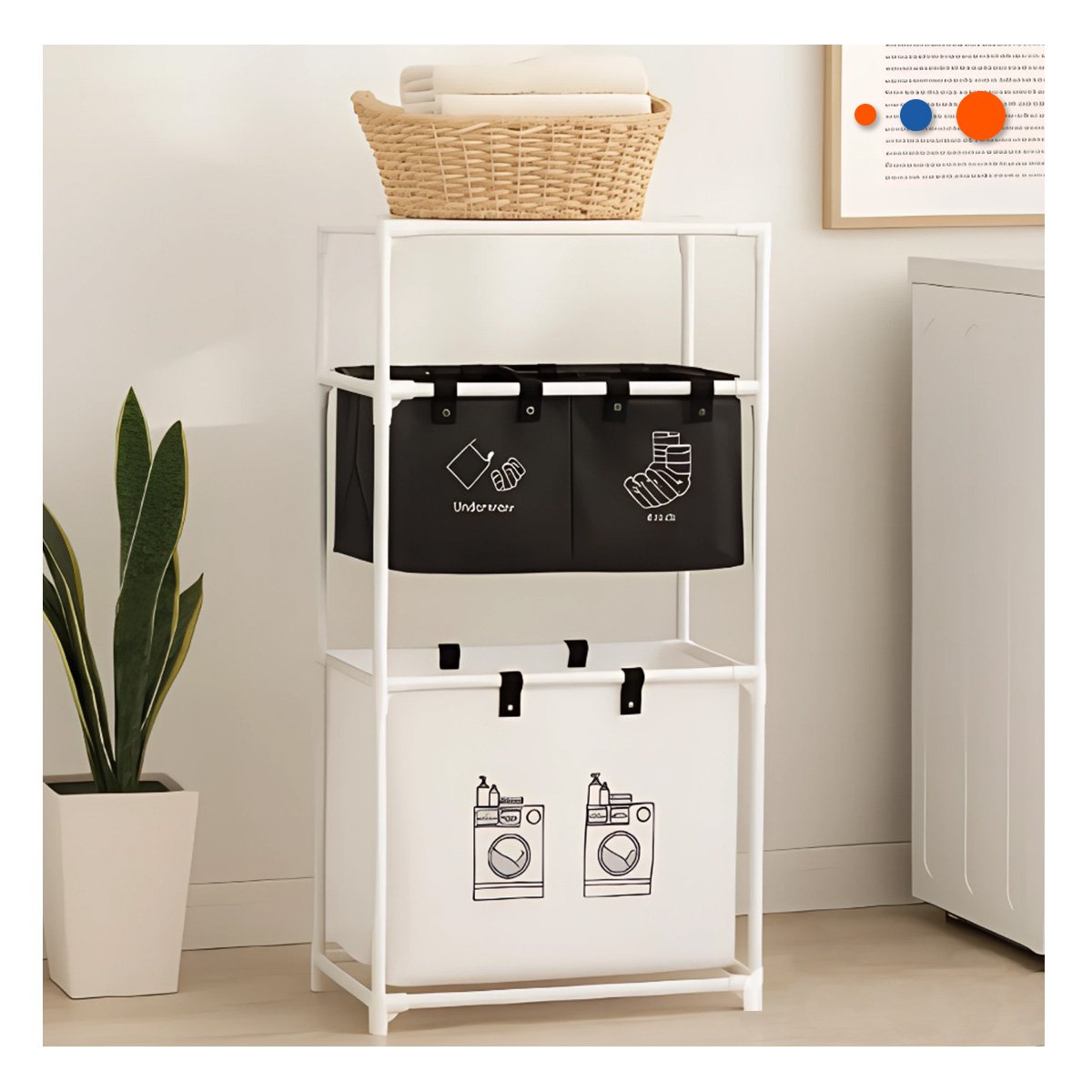 PACK6 SOPORTE ROPA SUCIA 3 NIVELES DISENO FUNCIONAL CON 3 CESTOS NEGRO BLANCO - 2