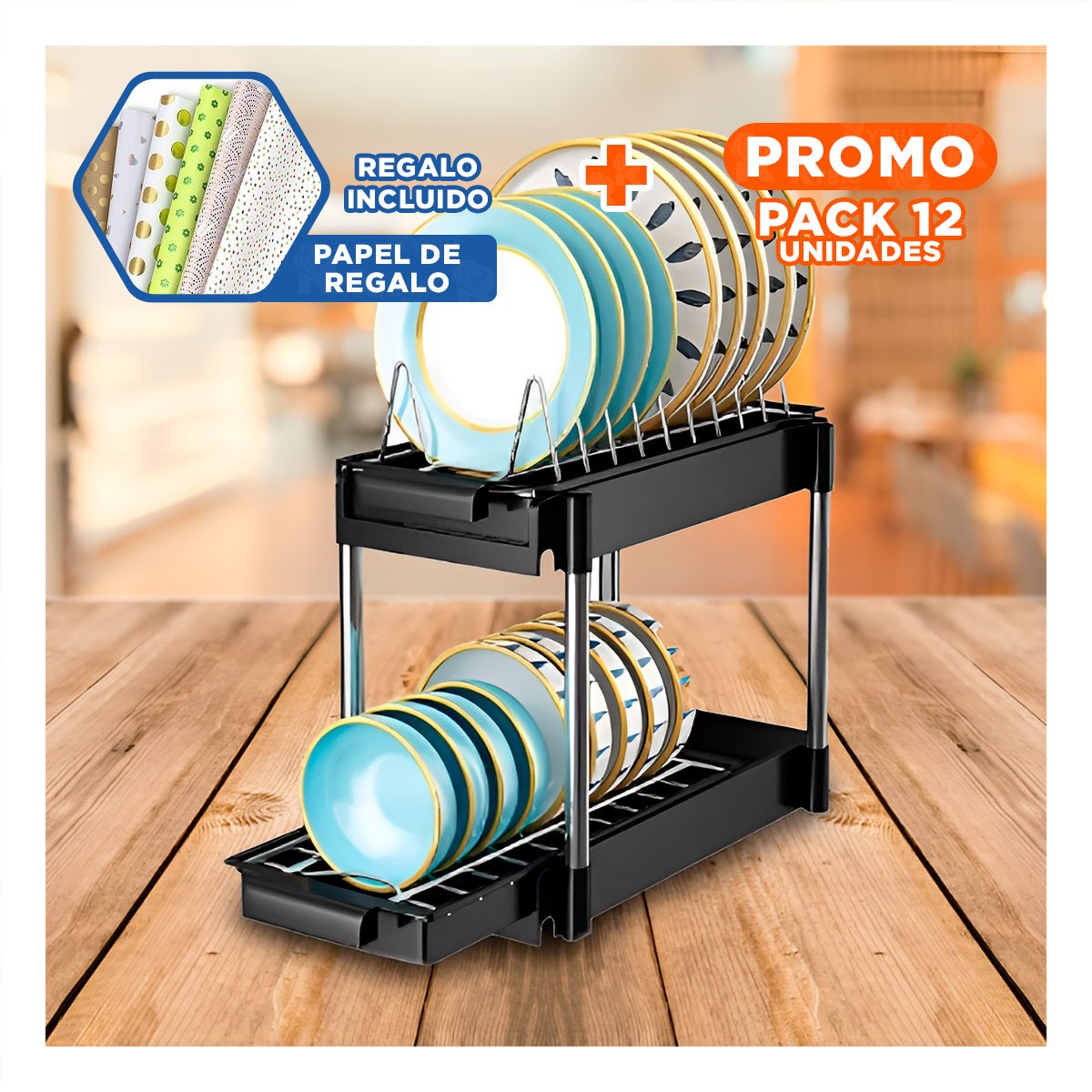 PACK12 MODULO MODERNO NEGRO 2 NIVELES CON 2 CAJONES DESLIZABLES PARA HOGAR Y+PAPEL REGALO - 1