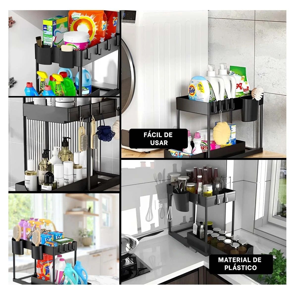 ORGANIZADOR 2 NIVELES CON CAJON INFERIOR DESLIZABLE NEGRO PARA COCINA - 2
