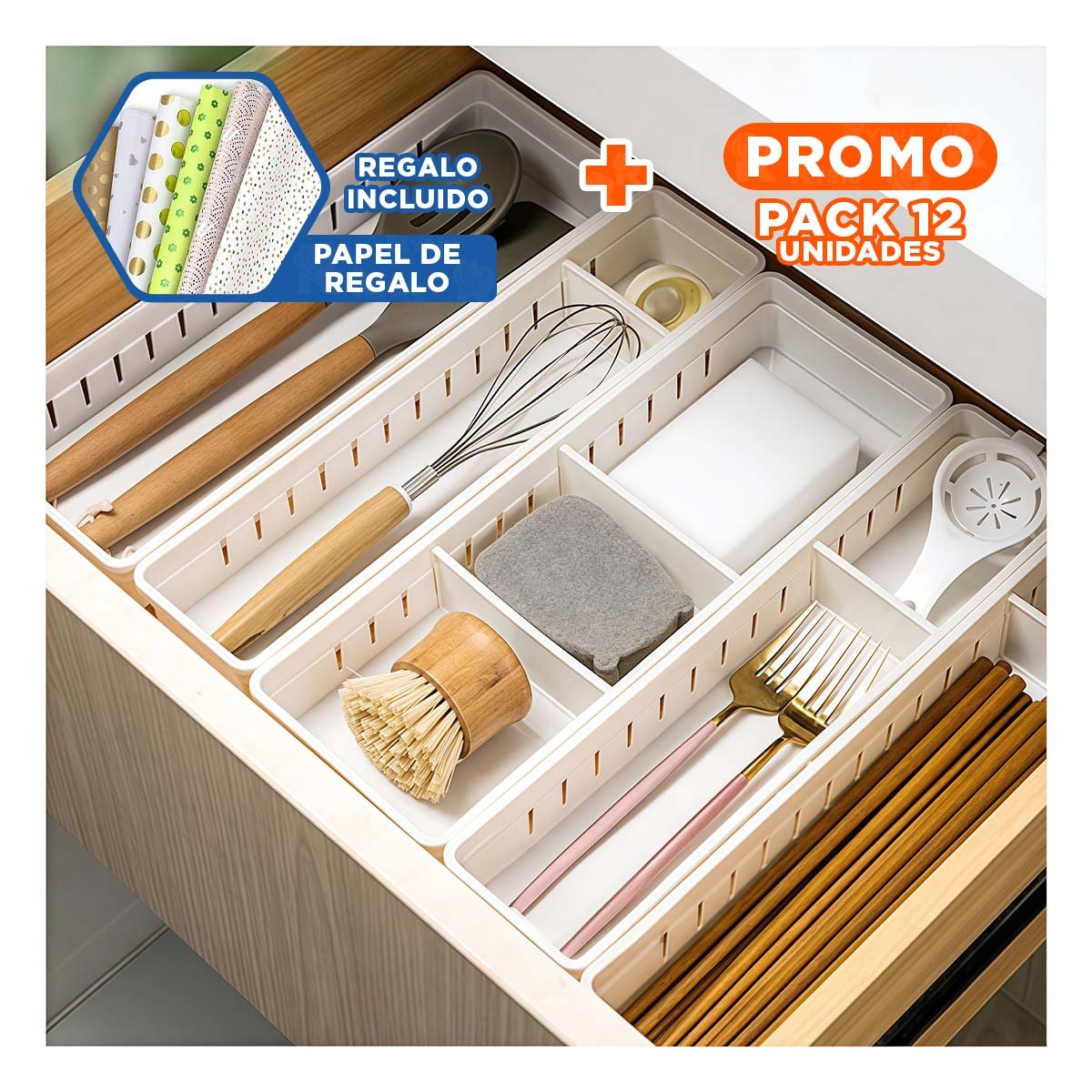 PACK12 CANASTA AJUSTABLE CON DIVISIONES BLANCAS PERFECTA PARA ALMACENAR Y+PAPEL REGALO - 1