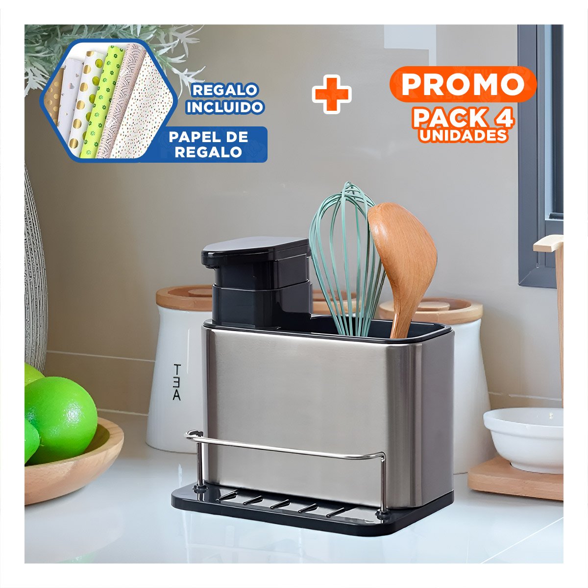 PACK4 SOPORTE DE JABON LIQUIDO 3 EN 1 CON COMPARTIMENTOS PLATEADO Y+PAPEL REGALO - 1