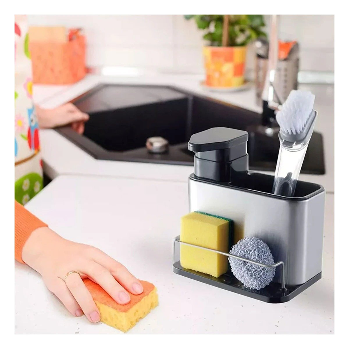 DESPACHADOR DE JABON LIQUIDO 3 EN 1 CON ORGANIZADOR PLATEADO Y+PAPEL REGALO - 5