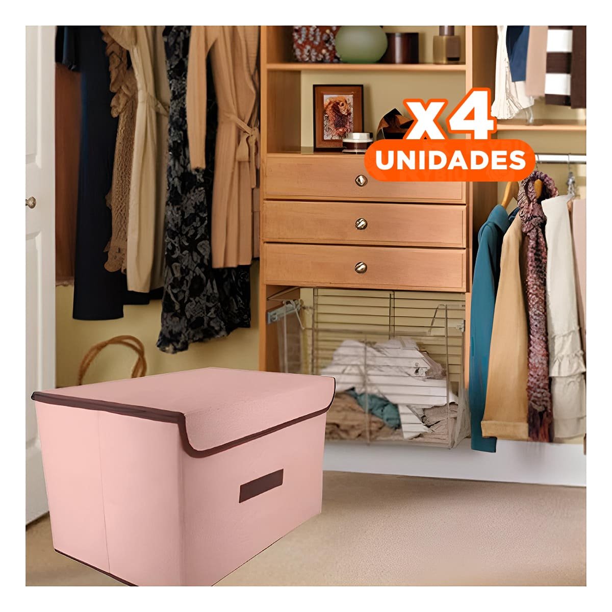 PACK4 CANASTA ORGANIZADORA DE TELA 36X24X23CM BEIGE CON BORDE MARRON PARA CASA - 1