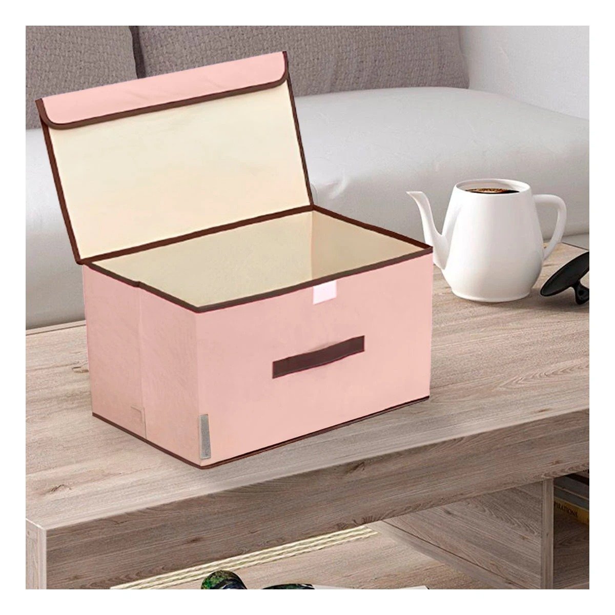 PACK4 CANASTA ORGANIZADORA DE TELA 36X24X23CM BEIGE CON BORDE MARRON PARA CASA - 5