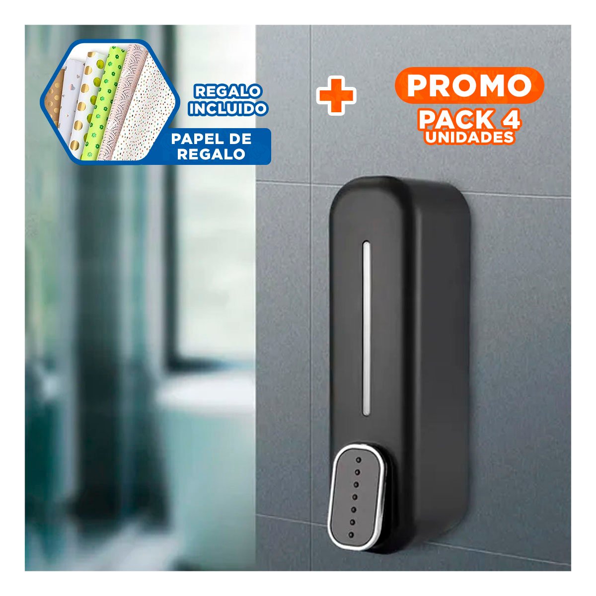 PACK4 FRASCO DE JABON MANUAL 300ML DISENO MODERNO PARA COCINA NEGRO PRO Y+PAPEL REGALO - 1