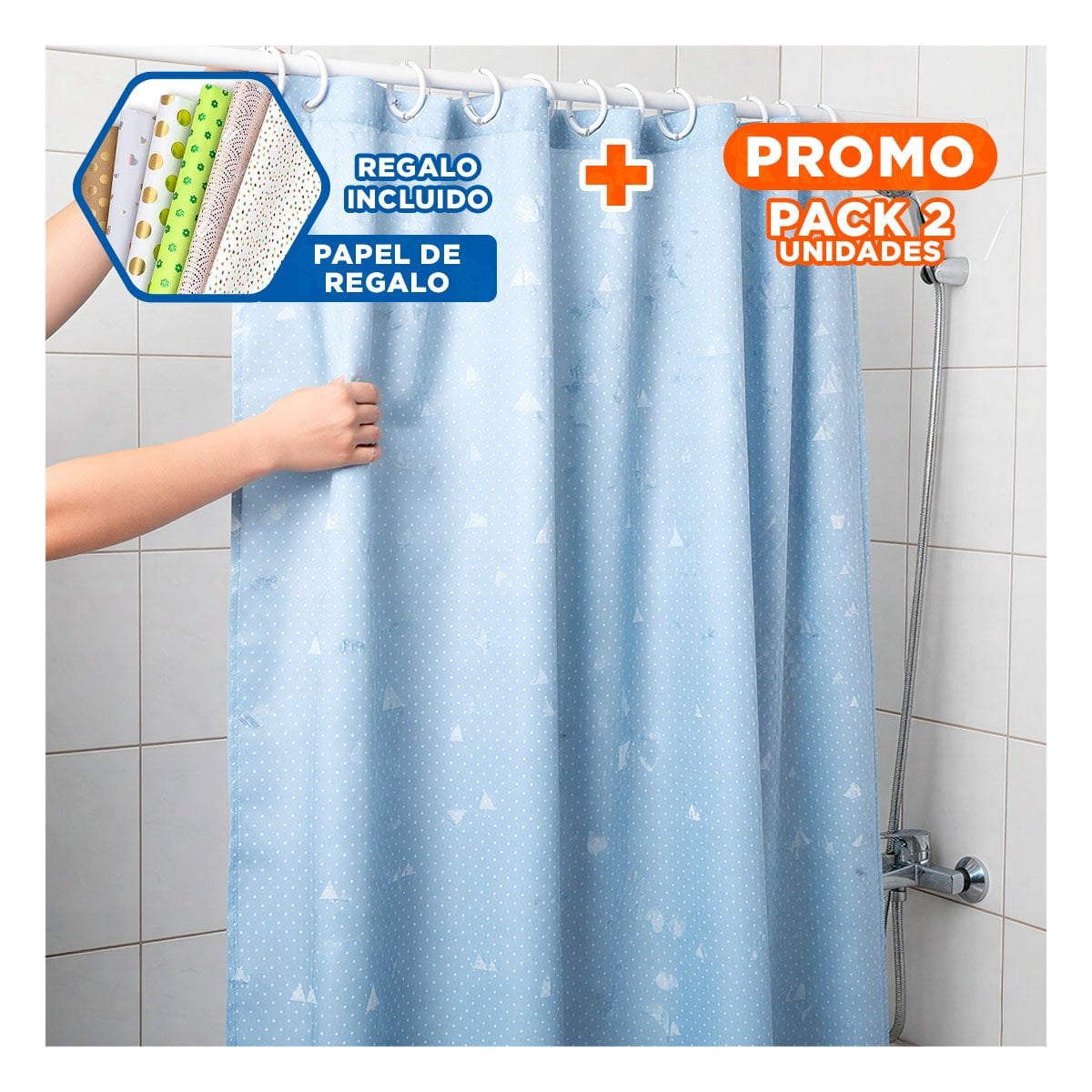 PACK2 CORTINA DE DUCHA EN CELESTE CON PATRON TRIANGULOS Y MEDIDAS 180X180CM YPAPEL REGALO - 1