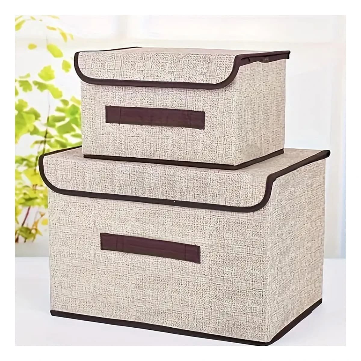 PACK12 CAJA DE GUARDADO DE TELA 25X19X16CM BEIGE CON BORDE MARRON PARA SALA - 2