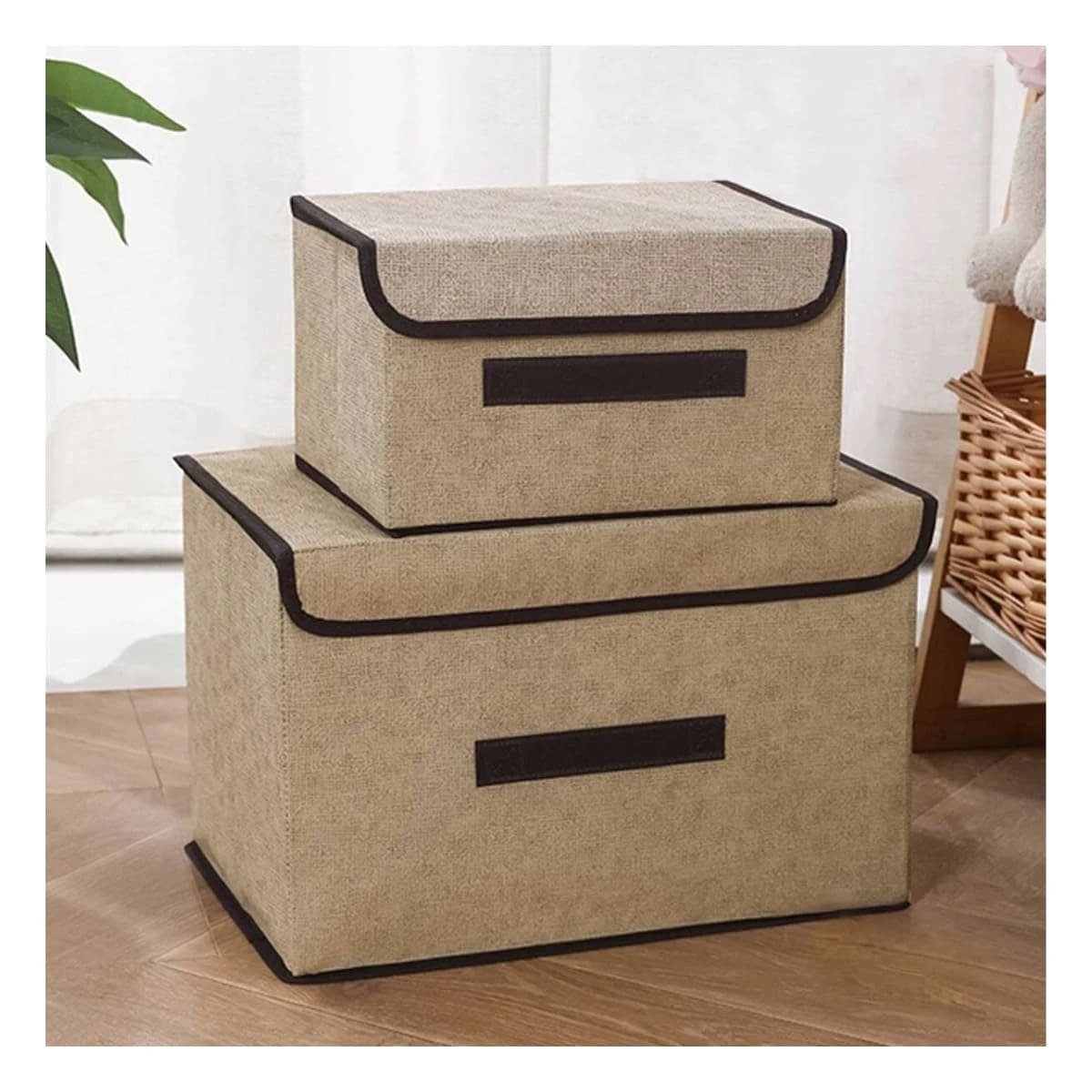 PACK12 CAJA DE GUARDADO DE TELA 25X19X16CM BEIGE CON BORDE MARRON PARA SALA - 5