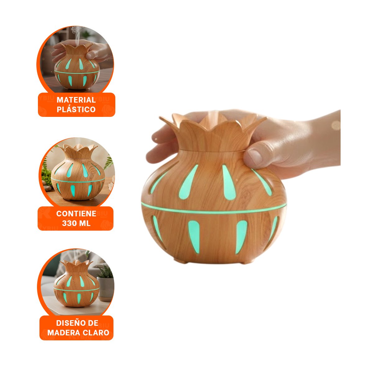DIFUSOR PARA AMBIENTE INTERIOR CON FUNCION HUMIFICADORA FORMA DE FLOR COLOR MADERA CLARO - 3