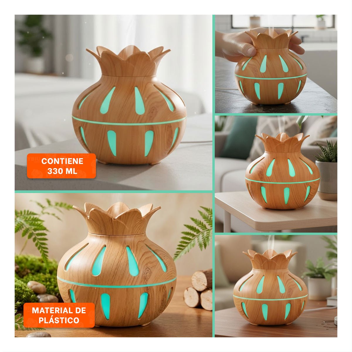 DIFUSOR PARA AMBIENTE INTERIOR CON FUNCION HUMIFICADORA FORMA DE FLOR COLOR MADERA CLARO - 5