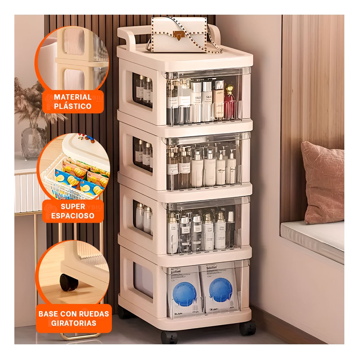 MUEBLE ORGANIZADOR CERRADO CON CAJONES 4 NIVELES Y ASA BEIGE CLARO MULTIUSO Y+PAPEL REGALO - 5