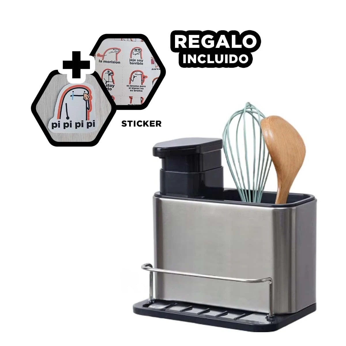 DESPACHADOR DE JABON LIQUIDO 3 EN 1 CON CEPILLO Y BASE PLATEADO Y+REGALO STICKER - 1