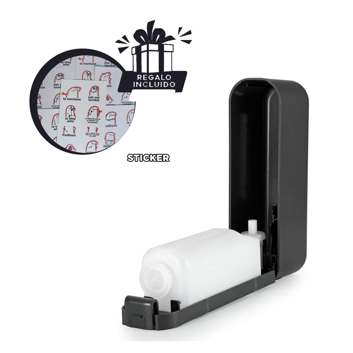 DOSIFICADOR DE JABON MANUAL 300ML SISTEMA PRACTICO RECARGABLE NEGRO PLUS Y+REGALO STICKER - 1