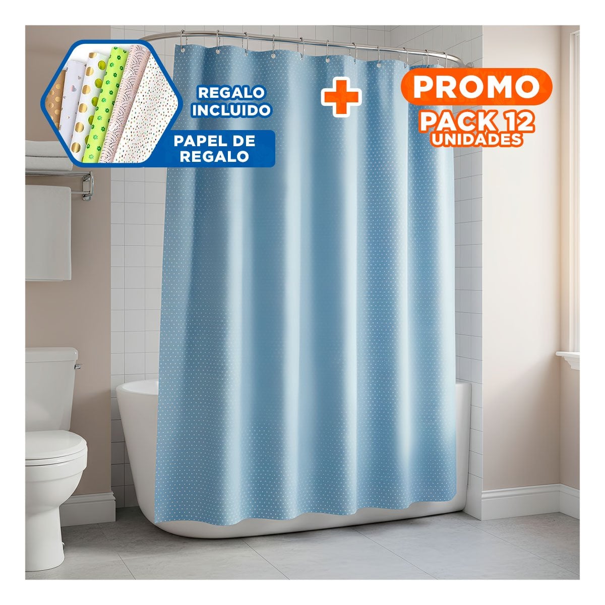 PACK12 PROTECCION CELESTE CON PATRON TRIANGULOS PARA DUCHA 180X180CM YPAPEL REGALO - 1