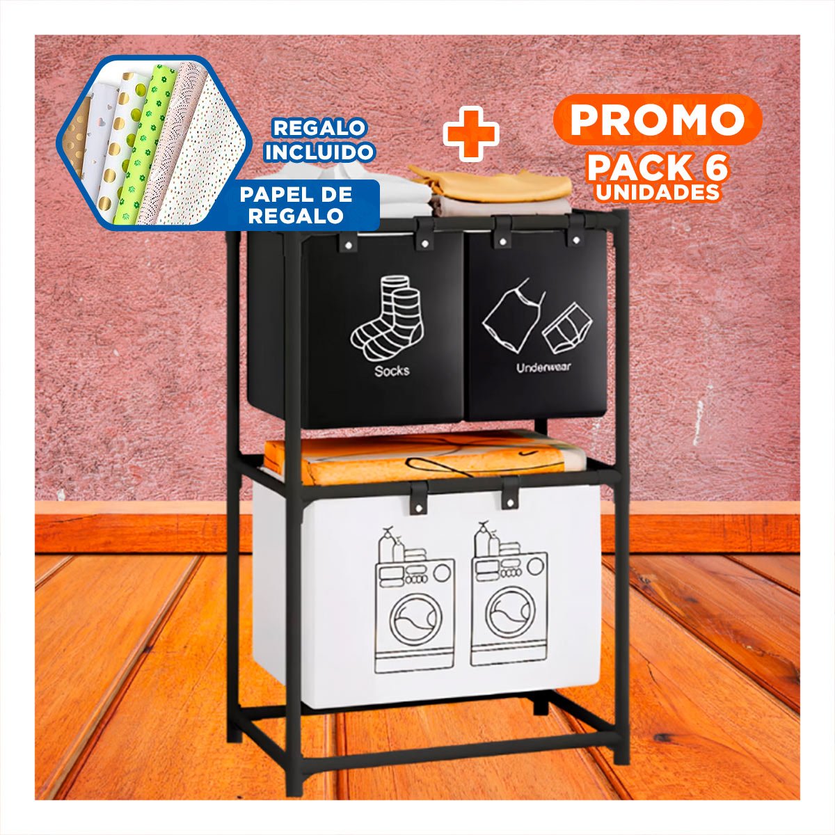 PACK6 CESTO ROPA SUCIA 2 NIVELES Y 3 CESTOS PARA USO DIARIO NEGRO Y BLANCO Y+PAPEL REGALO - 1