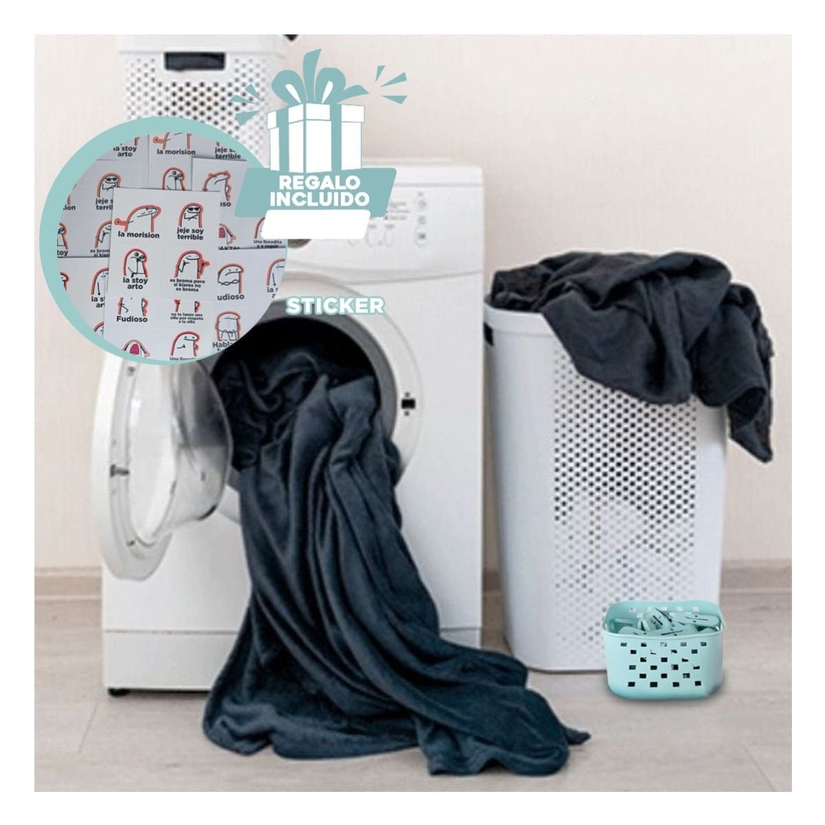 CANASTA CUADRADA CON GANCHOS PARA ROPA VERDE CLARO PARA GUARDAR ROPA LIMPIA Y+REGALO STICKER - 1