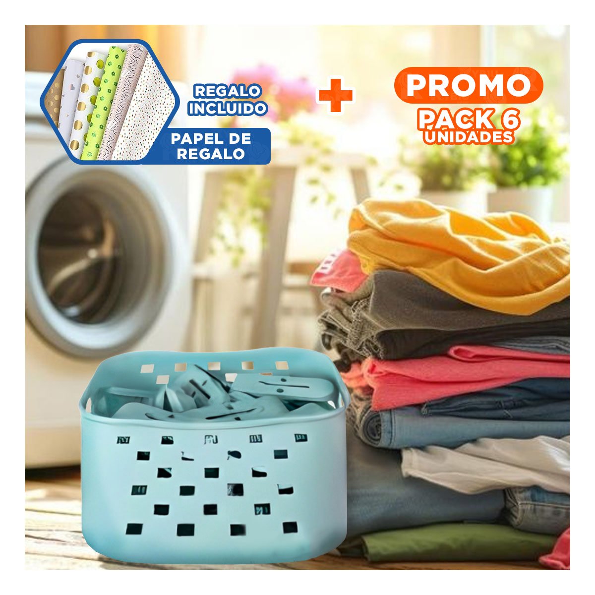PACK6 CANASTA COMPACTA CUADRADA CON GANCHOS VERDES PARA LAVADO FACIL YPAPEL REGALO - 1