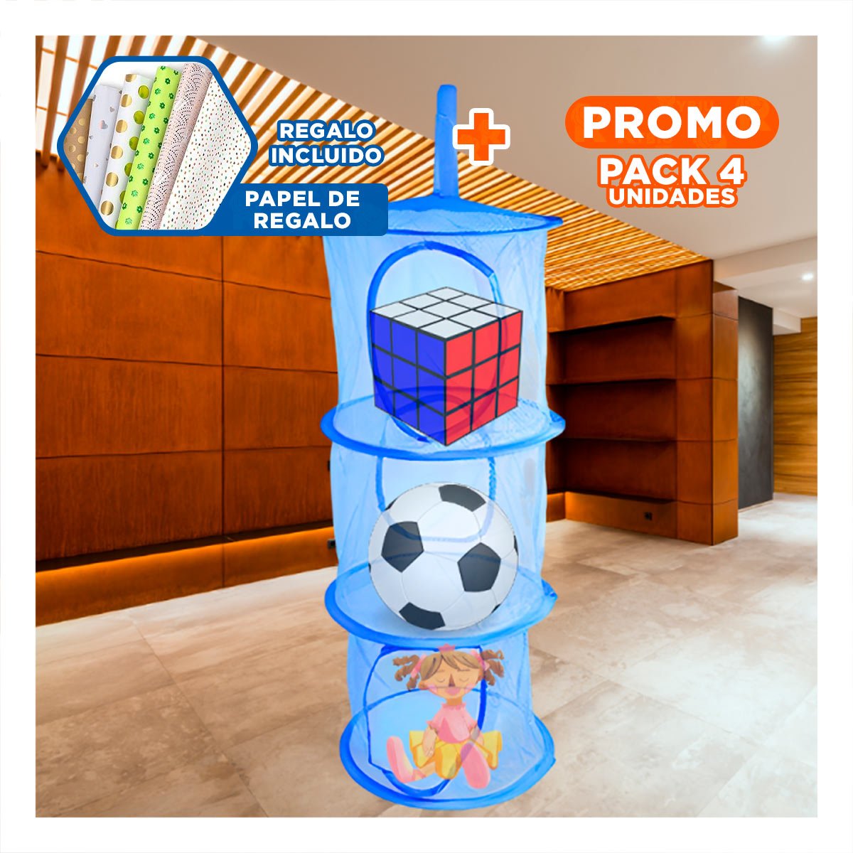 PACK4 UNIDAD COLGANTE TIPO RED 3 NIVELES AZUL PRACTICA PARA ESPACIOS PEQUENOS Y+PAPEL REGALO - 1