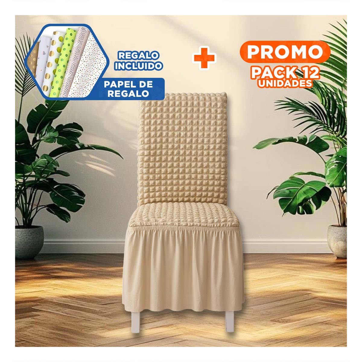 PACK12 PROTECTOR ELASTICA COLOR MARRON CLARO PARA SILLA CON RELIEVE CUADRADO YPAPEL REGALO - 1