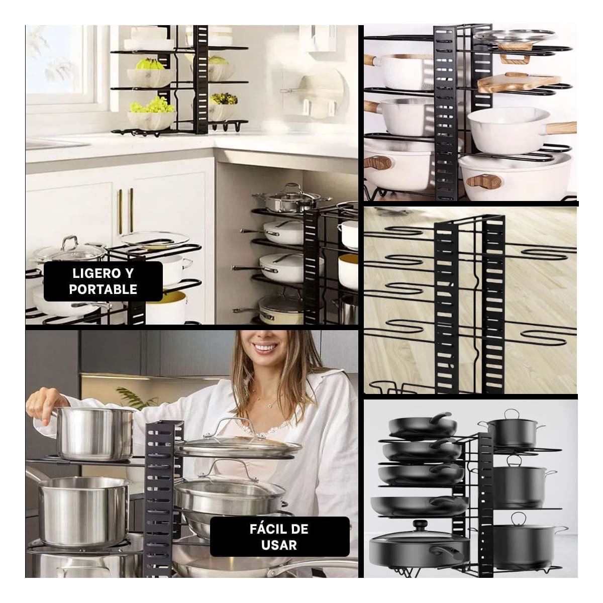 PORTA OLLAS NEGRO AJUSTABLE PARA TAPAS Y OLLAS COCINA Y+LIGAS REGALO - 5