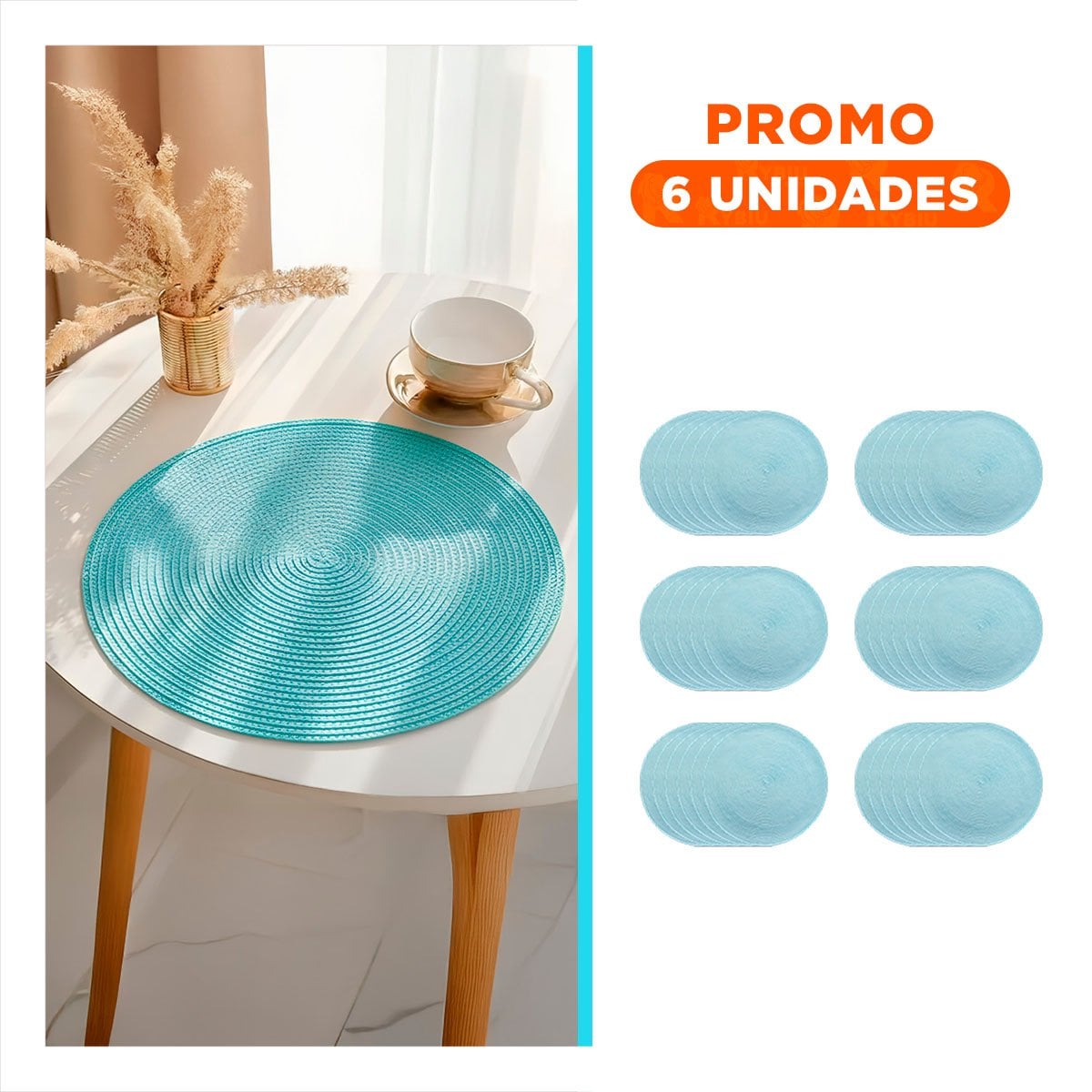 PACK6 PLATO TEXTIL DE MESA CIRCULAR BOHO CELESTE CLARO PARA COMEDOR - 1