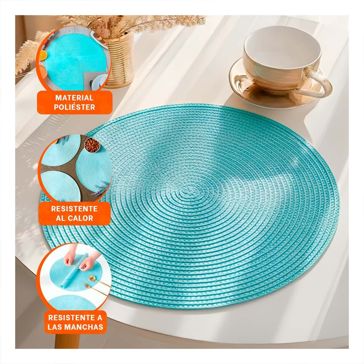 PACK6 PLATO TEXTIL DE MESA CIRCULAR BOHO CELESTE CLARO PARA COMEDOR - 5