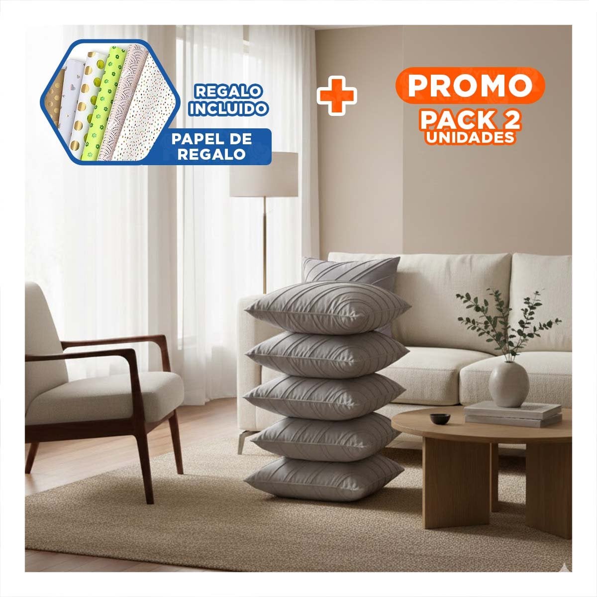 PACK2 FUNDA PARA ALMOHADA CON TERCIOPELO Y DIAGONALES DE COLOR PLOMO CLARO Y+PAPEL REGALO - 1