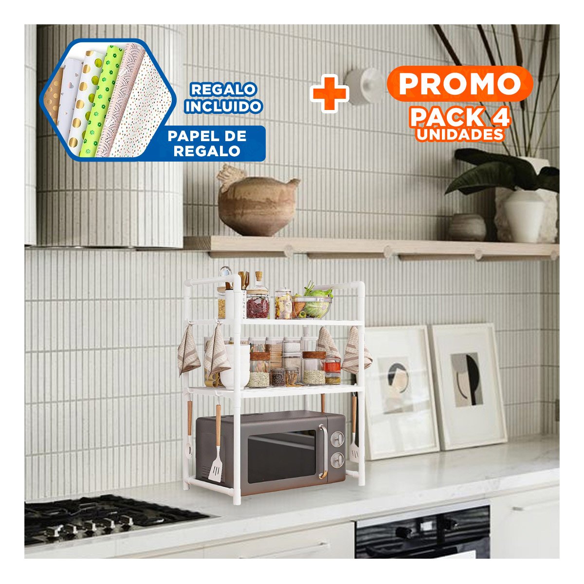 PACK4 SISTEMA PARA ORGANIZAR MICROONDAS DE 2 NIVELES CON ASAS BLANCO COCINA Y+PAPEL REGALO - 1