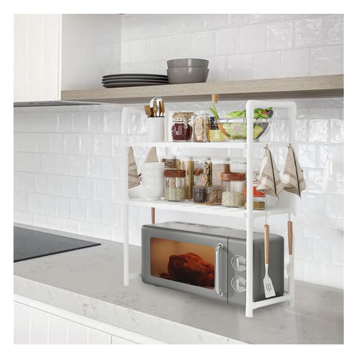 PACK4 SISTEMA PARA ORGANIZAR MICROONDAS DE 2 NIVELES CON ASAS BLANCO COCINA Y+PAPEL REGALO - 5
