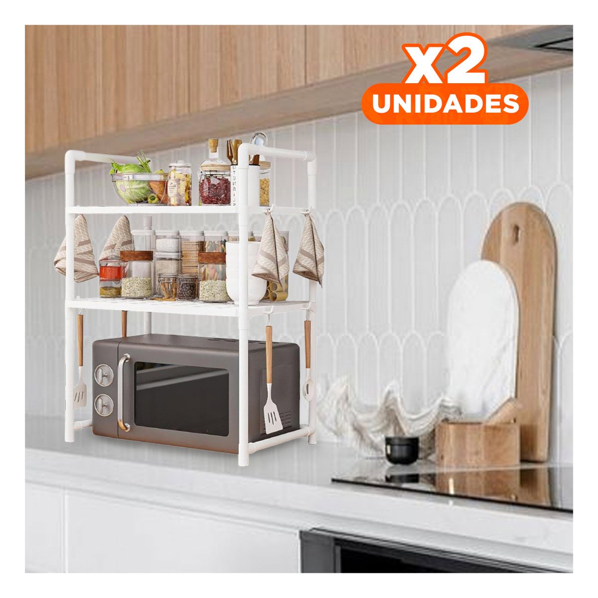 PACK2 BASE PARA ORGANIZAR MICROONDAS DE 2 NIVELES CON ASAS BLANCO EN LA COCINA YREGALO STICKER - 1